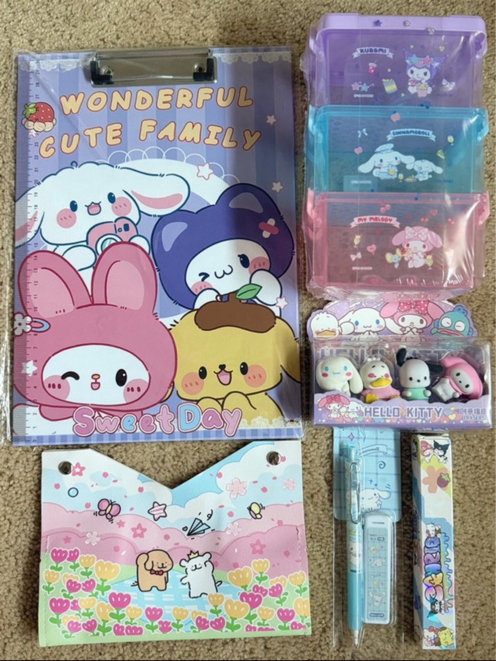 Sanrio-Inspired Kids Stationery Set - Pink & Purple Cute Characters